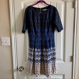 Danny & Nicole Blue Print 3/4 Sleeve Fit and Flare Midi Dress SZ 10 EUC